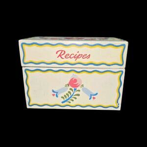 Ohio Art 1950s Floral Hinged Tin Recipe Box, White Painted Metal W/Recipes